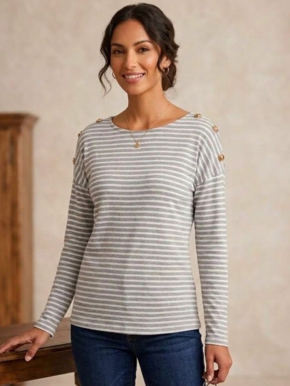 Striped Long-Sleeve Crewneck Top in Gray and White